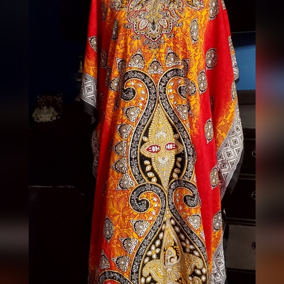 Long Loose Kaftan Jeweled- TRIBAL ,Beach Cover-Up /Maxi Dress Women's One Size - Picture 4 of 6